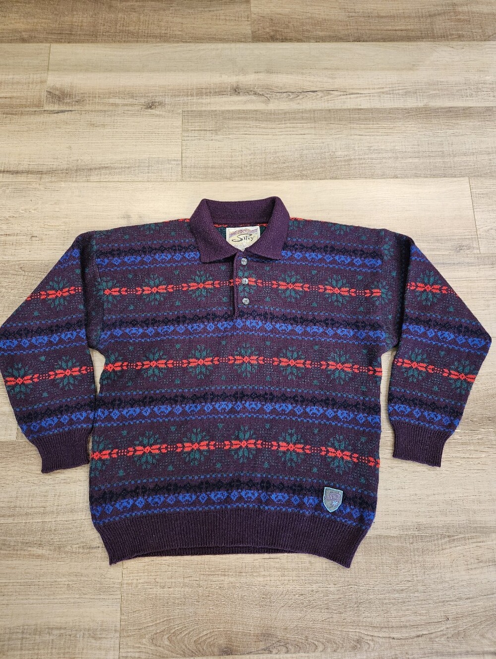 Vintage Silvy Italy Fair Isle Wool Alpaca Knit Polo Sweater Mens Size 50 Large
